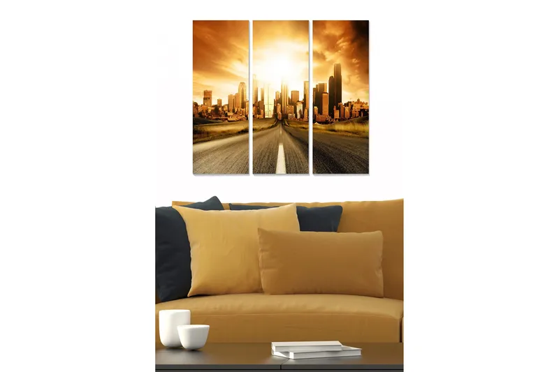 Puinen canvas-taulu, 3 osaa, 50x70 cm - Upea kaupunkinäkymä auringonlaskun aikaan, Kulta / Ruskea / Musta