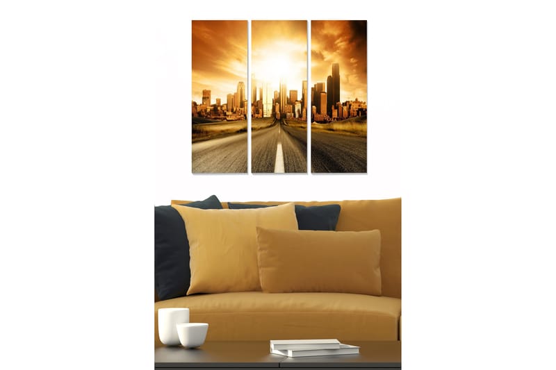 Puinen canvas-taulu, 3 osaa, 50x70 cm - Upea kaupunkinäkymä auringonlaskun aikaan, Kulta / Ruskea / Musta