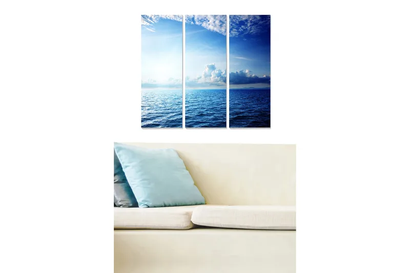 Puinen canvas-taulu, 3 osaa, 50x70 cm - Upea merinäköala kirkkaan sinisissä sävyissä, Sininen / Taivaansininen / Turkoosi