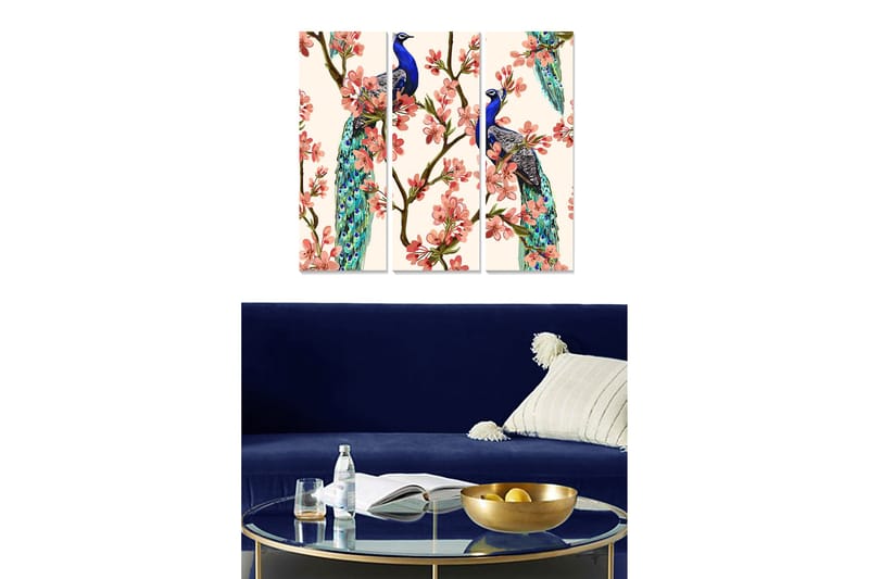 Puinen canvas-taulu, 3 osaa, 50x70 cm - Upea riikinkukko kukkien keskellä, Sininen / Vaaleanpunainen / Vihreä