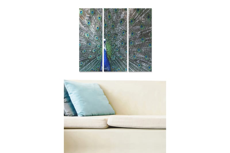 Puinen canvas-taulu, 3 osaa, 50x70 cm - Upea riikinkukon sulka hohtavalla silmäkuviolla, Vihreä / Sininen / Musta