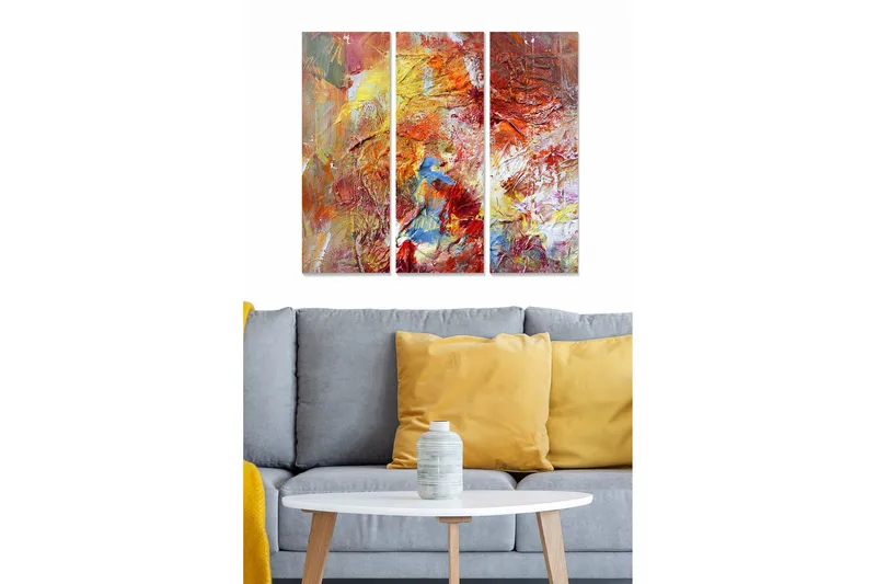 Puinen canvas-taulu, 3 osaa, 50x70 cm - Värikäs abstrakti sommitelma, jossa on punaisia ja sinisiä elementtejä, Punainen / Keltainen / Sininen