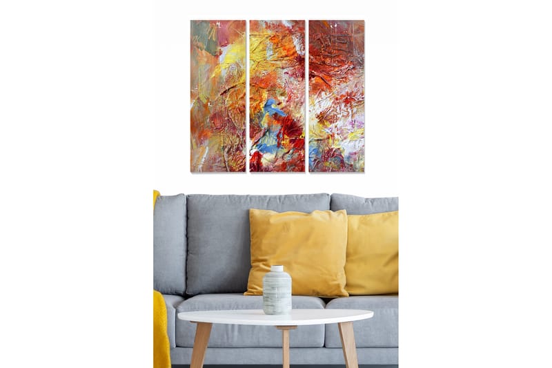 Puinen canvas-taulu, 3 osaa, 50x70 cm - Värikäs abstrakti sommitelma, jossa on punaisia ja sinisiä elementtejä, Punainen / Keltainen / Sininen