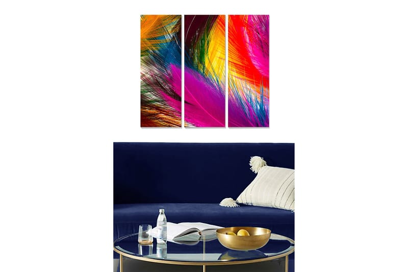 Puinen canvas-taulu, 3 osaa, 50x70 cm - Värikäs abstrakti sommitelma dynaamisilla viivoilla, Vaaleanpunainen / Oranssi / Sininen