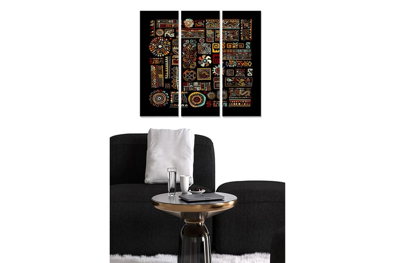 Puinen canvas-taulu, 3 osaa, 50x70 cm - Värikäs abstrakti sommitelma geometrisilla kuvioilla ja symboleilla - Punainen / Keltainen / Sininen - Sisustustuotteet - Taulu & taide - Canvas-taulu