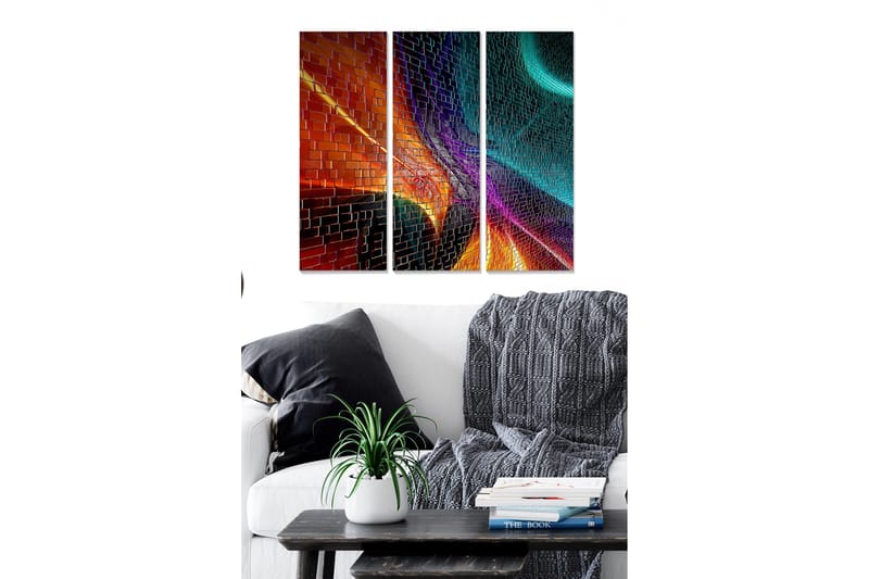 Puinen canvas-taulu, 3 osaa, 50x70 cm - Värikäs abstrakti sommitelma geometrisilla muodoilla ja valonsäteillä, Punainen / Sininen / Oranssi