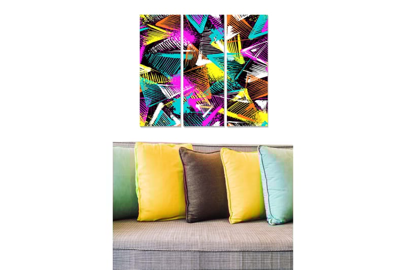 Puinen canvas-taulu, 3 osaa, 50x70 cm - Värikäs abstrakti sommitelma geometrisilla muodoilla, Violetti / Turkoosi / Oranssi