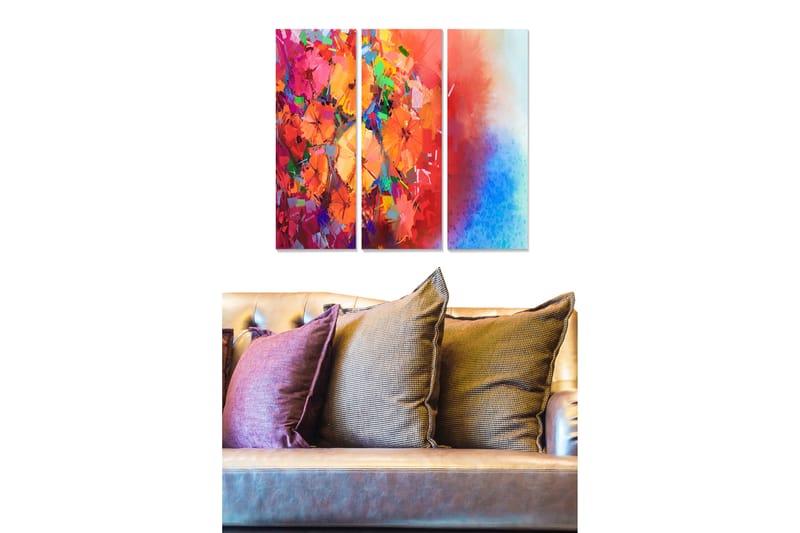 Puinen canvas-taulu, 3 osaa, 50x70 cm - Värikäs abstrakti sommitelma kukilla ja geometrisilla muodoilla, Punainen / Oranssi / Sininen
