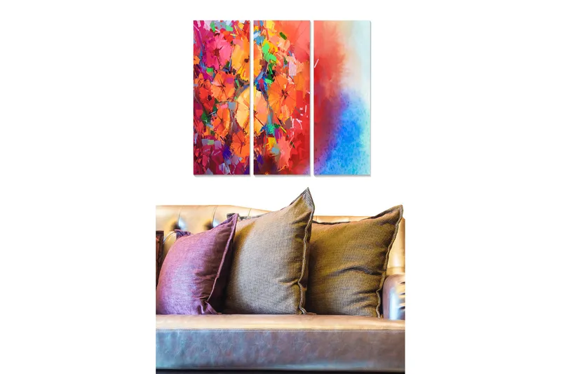 Puinen canvas-taulu, 3 osaa, 50x70 cm - Värikäs abstrakti sommitelma kukilla ja geometrisilla muodoilla, Punainen / Oranssi / Sininen