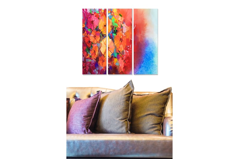 Puinen canvas-taulu, 3 osaa, 50x70 cm - Värikäs abstrakti sommitelma kukilla ja geometrisilla muodoilla, Punainen / Oranssi / Sininen