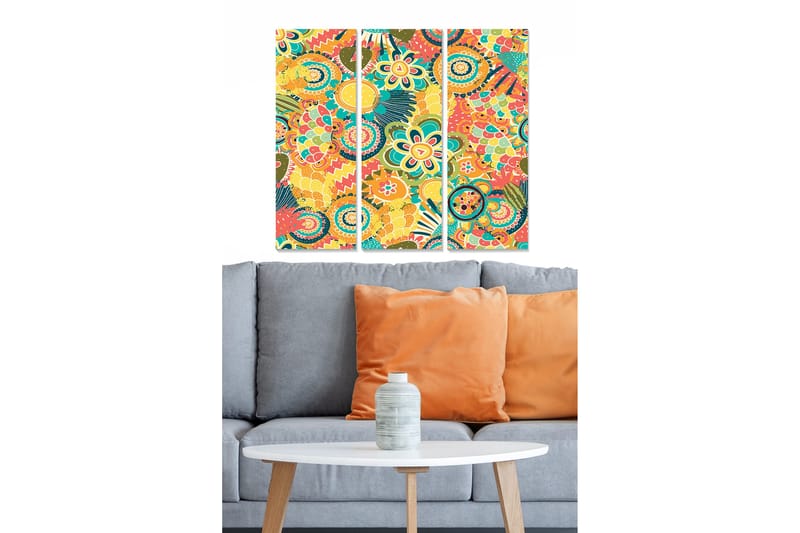 Puinen canvas-taulu, 3 osaa, 50x70 cm - Värikäs abstrakti sommitelma kukilla ja kuvioilla, Keltainen / Punainen / Vihreä