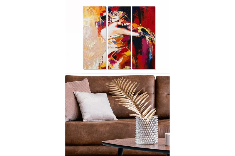 Puinen canvas-taulu, 3 osaa, 50x70 cm - Värikäs abstrakti sommitelma tanssivasta naisesta, Punainen / Keltainen / Oranssi
