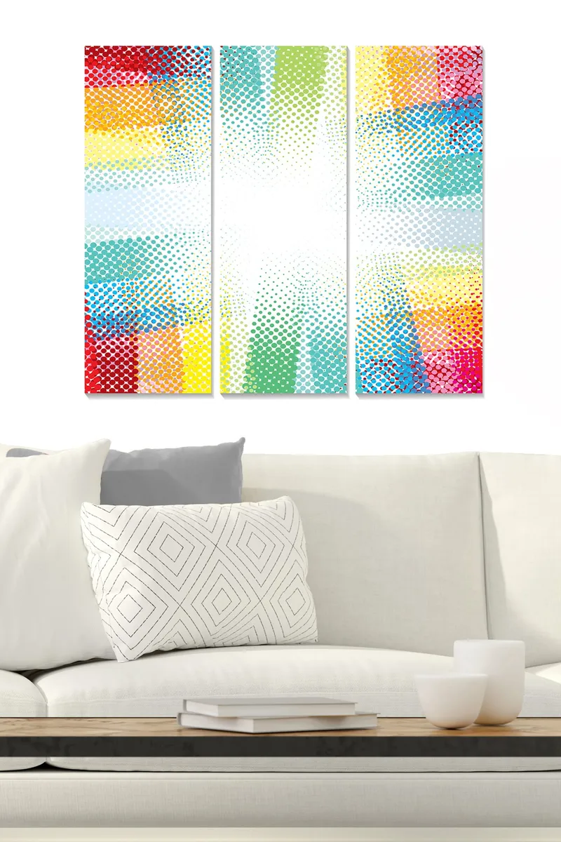 Puinen canvas-taulu, 3 osaa, 50x70 cm - Värikäs abstrakti sommitelma pistekuvioinnilla, Punainen / Vihreä / Keltainen