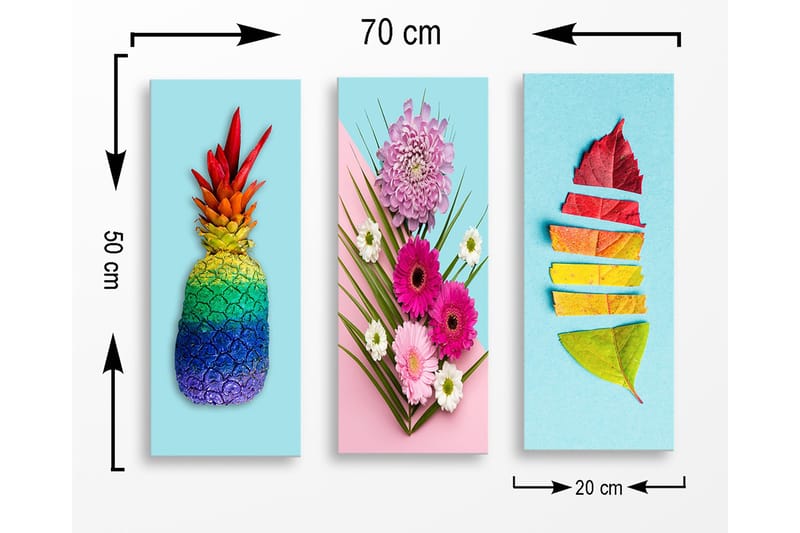 Puinen canvas-taulu, 3 osaa, 50x70 cm - Värikäs ananas sateenkaaren väreissä - Vihreä / Sininen / Punainen - Sisustustuotteet - Taulu & taide - Canvas-taulu