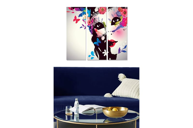 Puinen canvas-taulu, 3 osaa, 50x70 cm - Värikäs kasvosommitelma kukilla ja perhosilla, Musta / Vaaleanpunainen / Vihreä