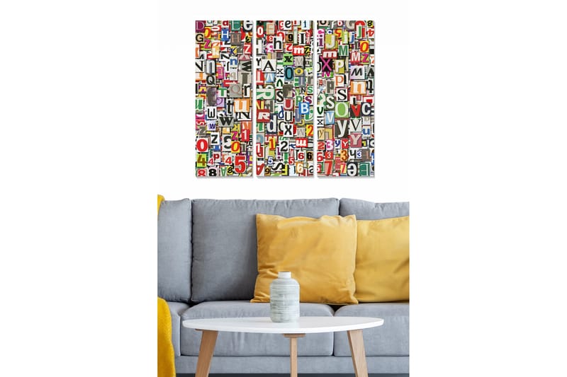 Puinen canvas-taulu, 3 osaa, 50x70 cm - Värikäs kirjain- ja numerokokoelma, Punainen / Vihreä / Sininen