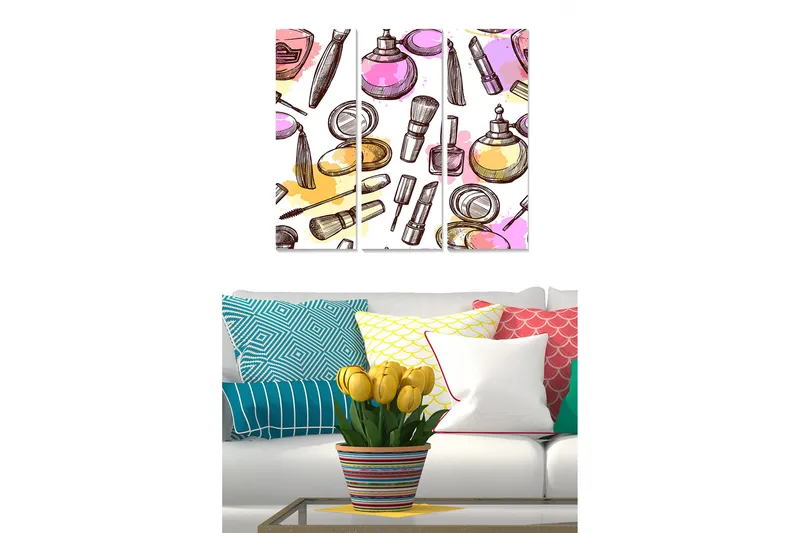 Puinen canvas-taulu, 3 osaa, 50x70 cm - Värikäs kokoelma meikkituotteita ja -välineitä, Vaaleanpunainen / Keltainen / Violetti