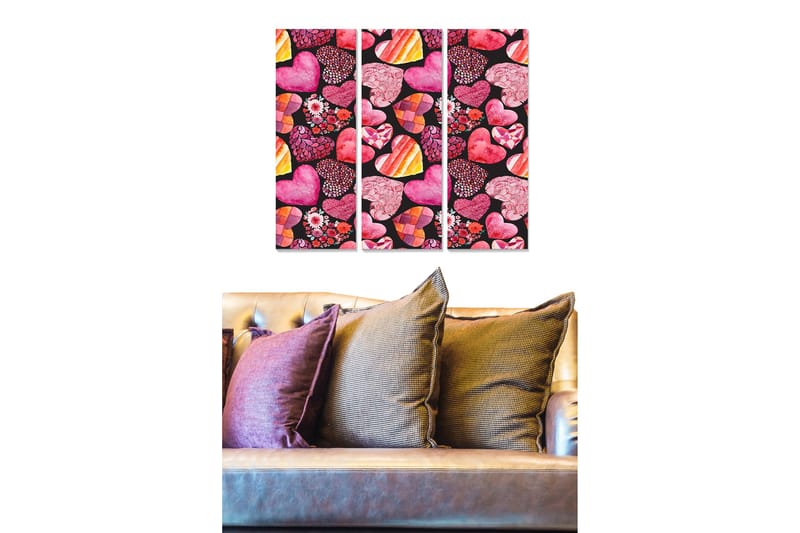 Puinen canvas-taulu, 3 osaa, 50x70 cm - Värikäs kokoelma sydämiä ja kukkia, Vaaleanpunainen / Punainen / Violetti