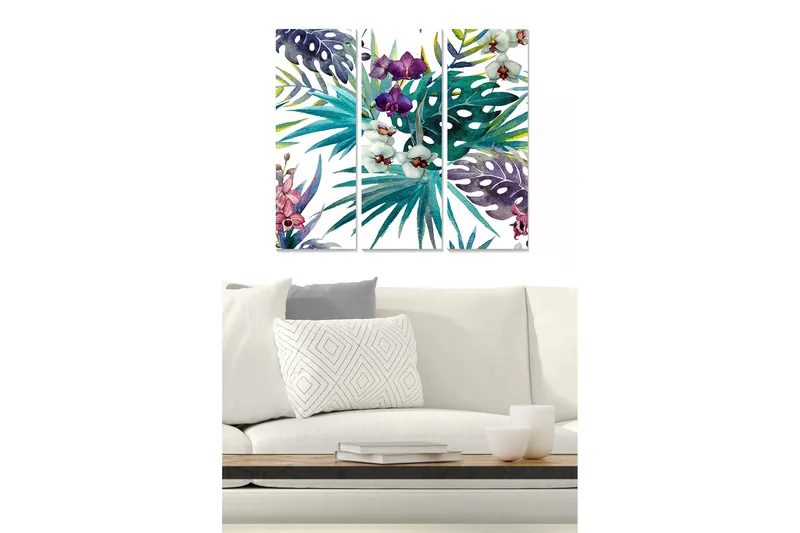Puinen canvas-taulu, 3 osaa, 50x70 cm - Värikäs kokoelma trooppisia kasveja ja kukkia - Vihreä / Violetti / Vaaleanpunainen - Sisustustuotteet - Taulu & taide - Canvas-taulu