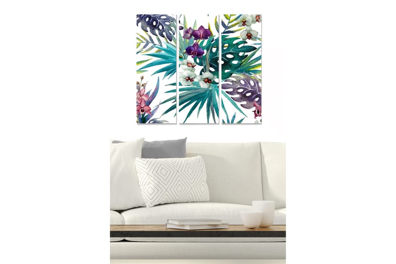Puinen canvas-taulu, 3 osaa, 50x70 cm - Värikäs kokoelma trooppisia kasveja ja kukkia, Vihreä / Violetti / Vaaleanpunainen