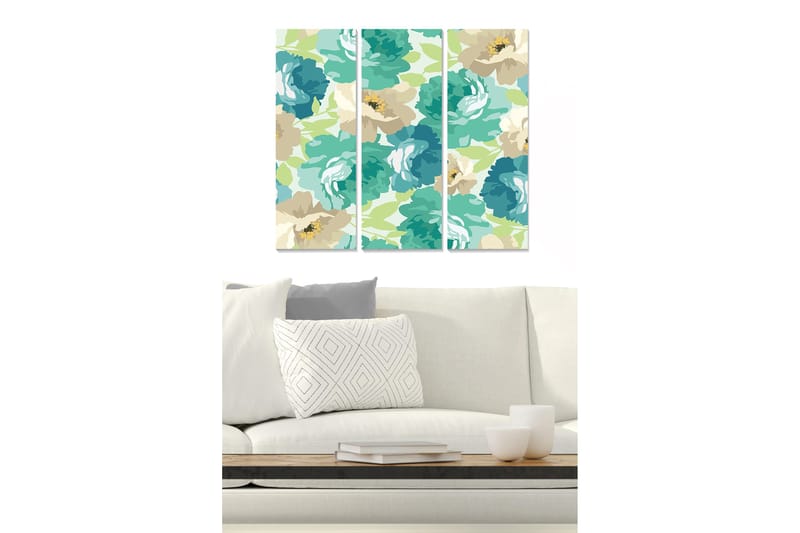 Puinen canvas-taulu, 3 osaa, 50x70 cm - Värikäs kukka-asetelma suurilla kukilla, Turkoosi / Beige / Vaaleanvihreä