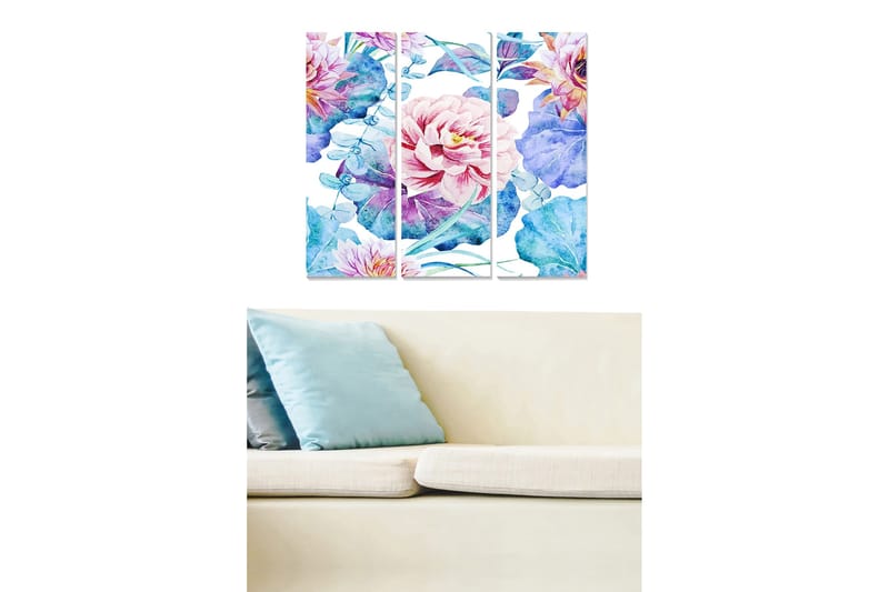 Puinen canvas-taulu, 3 osaa, 50x70 cm - Värikäs kukkakimppu vesivärityyliin, Vaaleanpunainen / Sininen / Vihreä