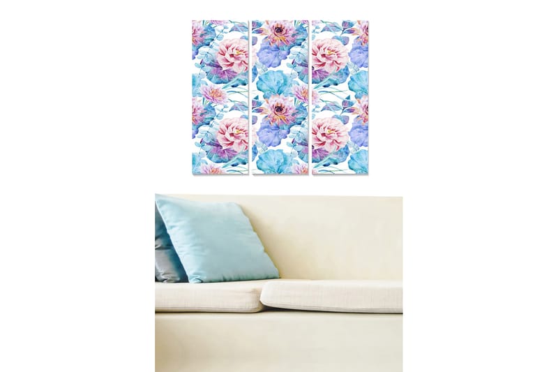 Puinen canvas-taulu, 3 osaa, 50x70 cm - Värikäs kukkakimppu vesivärityyliin - Vaaleanpunainen / Sininen / Vihreä - Sisustustuotteet - Taulu & taide - Canvas-taulu