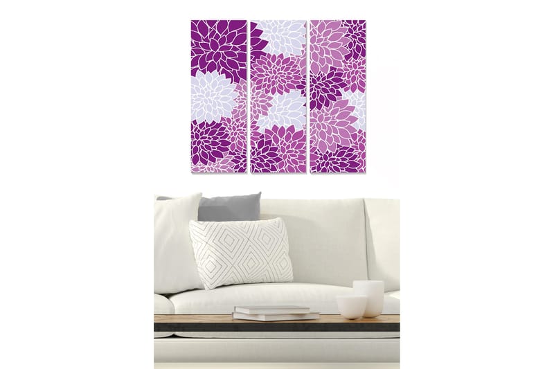 Puinen canvas-taulu, 3 osaa, 50x70 cm - Värikäs kukkasommitelma violetin sävyisissä kukissa, Violetti / Valkoinen