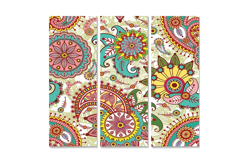 Puinen canvas-taulu, 3 osaa, 50x70 cm - Värikäs mandala kukilla ja spiraaleilla, Punainen / Vihreä / Keltainen