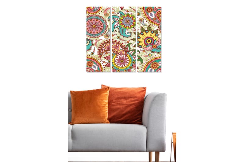 Puinen canvas-taulu, 3 osaa, 50x70 cm - Värikäs mandala kukilla ja spiraaleilla - Punainen / Vihreä / Keltainen - Sisustustuotteet - Taulu & taide - Canvas-taulu
