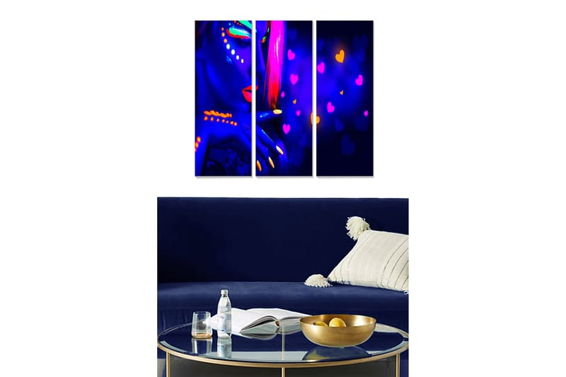 Puinen canvas-taulu, 3 osaa, 50x70 cm - Värikäs muotokuva naisesta neonmeikillä, Tummansininen / Vaaleanpunainen / Keltainen