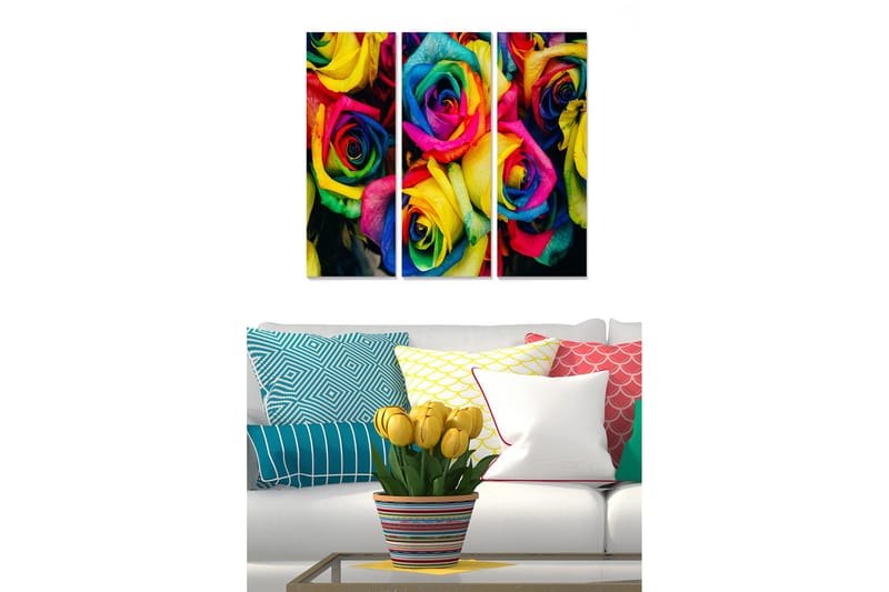 Puinen canvas-taulu, 3 osaa, 50x70 cm - Värikäs ruusukimppu, Keltainen / Vaaleanpunainen / Sininen