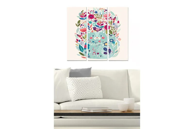Puinen canvas-taulu, 3 osaa, 50x70 cm - Värikäs sommitelma kukilla ja linnuilla, Vihreä / Vaaleanpunainen / Sininen