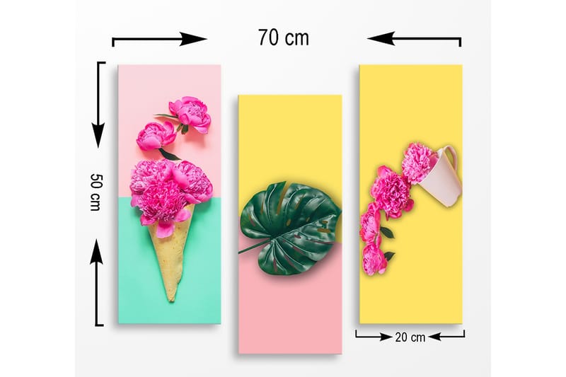 Puinen canvas-taulu, 3 osaa, 50x70 cm - Värikäs sommitelma kukista ja lehdistä lasikartiossa, joka ulottuu kolmen paneelin yli - Vaaleanpunainen / Vihreä / Keltainen - Sisustustuotteet - Taulu & taide - Canvas-taulu