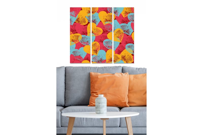 Puinen canvas-taulu, 3 osaa, 50x70 cm - Värikäs sydämenmuotoisten kuvioiden sommittelu, Punainen / Keltainen / Turkoosi
