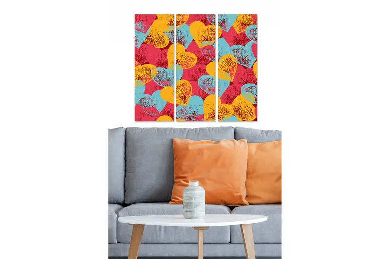 Puinen canvas-taulu, 3 osaa, 50x70 cm - Värikäs sydämenmuotoisten kuvioiden sommittelu, Punainen / Keltainen / Turkoosi