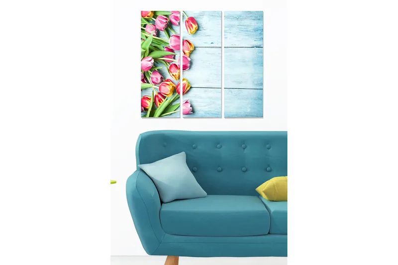 Puinen canvas-taulu, 3 osaa, 50x70 cm - Värikäs tulppaanikimppu, Vaaleanpunainen / Vihreä / Keltainen