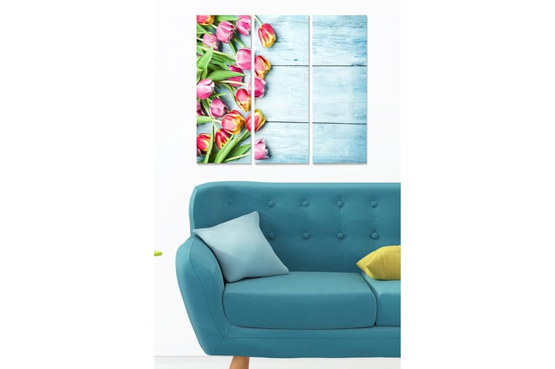Puinen canvas-taulu, 3 osaa, 50x70 cm - Värikäs tulppaanikimppu, Vaaleanpunainen / Vihreä / Keltainen