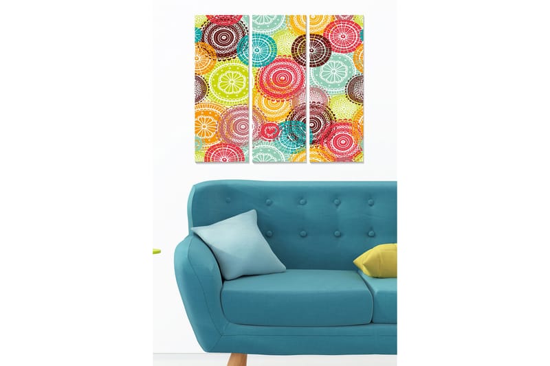 Puinen canvas-taulu, 3 osaa, 50x70 cm - Värikäs ympyröiden ja kuvioiden sommitelma, Punainen / Vihreä / Turkoosi