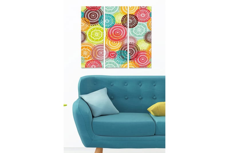 Puinen canvas-taulu, 3 osaa, 50x70 cm - Värikäs ympyröiden ja kuvioiden sommitelma, Punainen / Vihreä / Turkoosi
