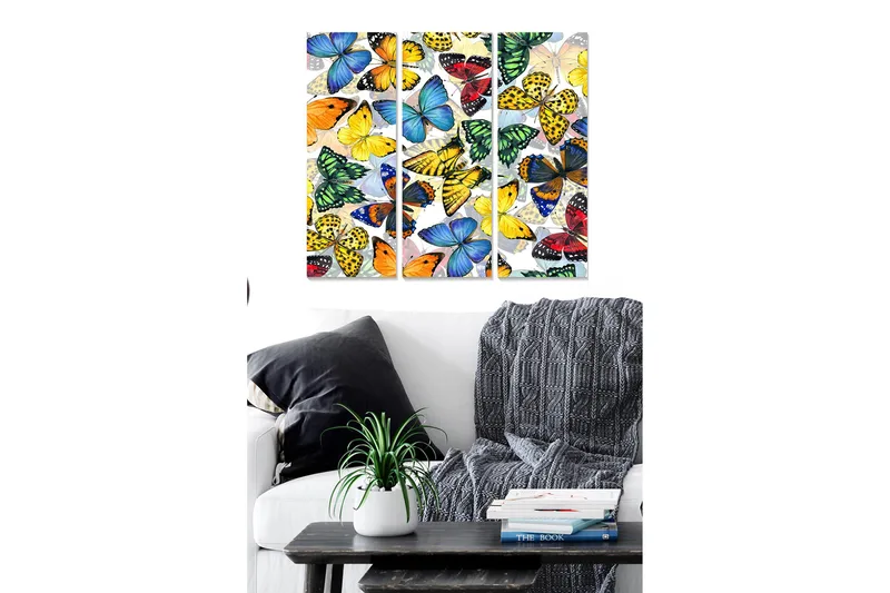 Puinen canvas-taulu, 3 osaa, 50x70 cm - Värikäs perhoskokoelma, Sininen / Keltainen / Punainen