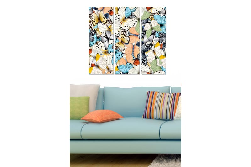 Puinen canvas-taulu, 3 osaa, 50x70 cm - Värikäs perhoskokoelma, Sininen / Valkoinen / Oranssi