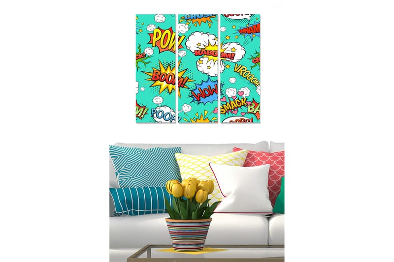 Puinen canvas-taulu, 3 osaa, 50x70 cm - Värikästä poptaidetta äänisanoilla ja räjähdyksillä, Turkoosi / Punainen / Keltainen