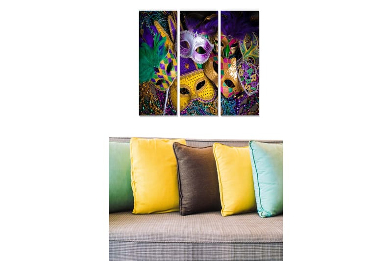 Puinen canvas-taulu, 3 osaa, 50x70 cm - Värikkäät naamiot höyhenillä ja koristeilla - Violetti / Kulta / Vihreä - Sisustustuotteet - Taulu & taide - Canvas-taulu