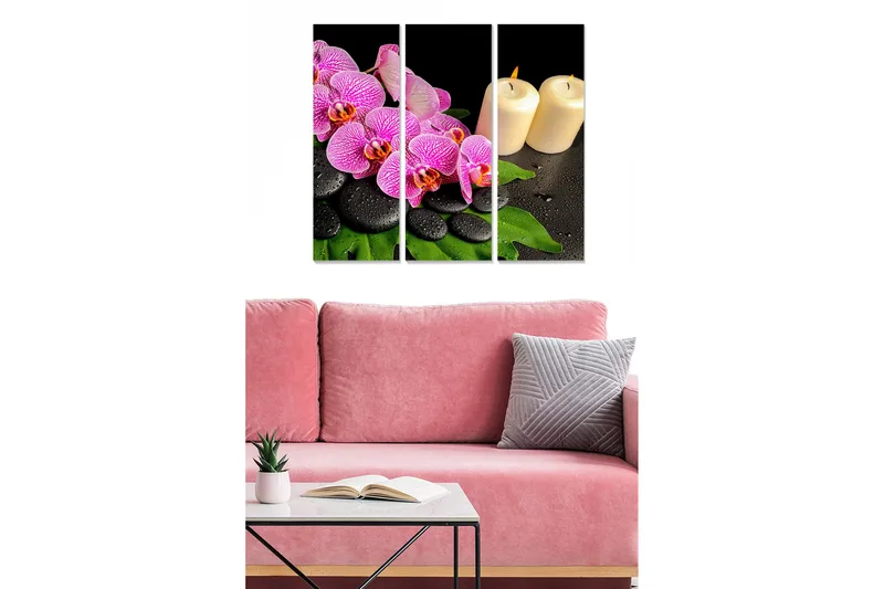 Puinen canvas-taulu, 3 osaa, 50x70 cm - Värikkäät orkideat kivillä ja kynttilöillä, Violetti / Musta / Vihreä
