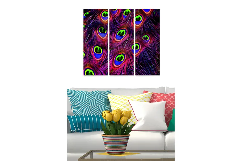 Puinen canvas-taulu, 3 osaa, 50x70 cm - Värikkäät riikinkukon silmät abstraktissa sommitelmassa, Violetti / Vihreä / Sininen