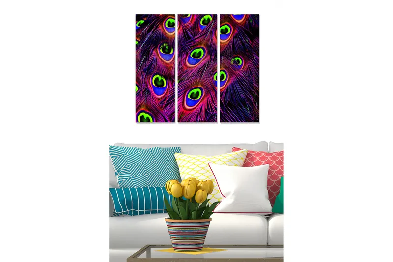 Puinen canvas-taulu, 3 osaa, 50x70 cm - Värikkäät riikinkukon silmät abstraktissa sommitelmassa, Violetti / Vihreä / Sininen