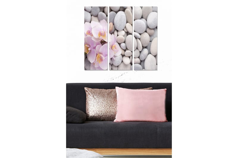 Puinen canvas-taulu, 3 osaa, 50x70 cm - Vaaleanpunaiset orkideat harmaiden kivien keskellä, Vaaleanpunainen / Harmaa / Valkoinen