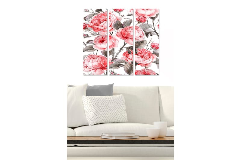 Puinen canvas-taulu, 3 osaa, 50x70 cm - Vaaleanpunaiset pionit elegantissa sommitelmassa, Vaaleanpunainen / Harmaa / Vihreä