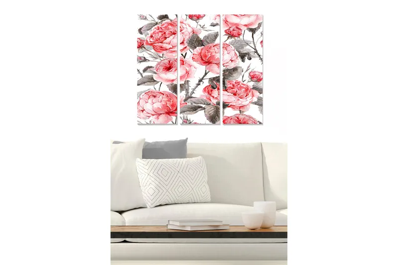 Puinen canvas-taulu, 3 osaa, 50x70 cm - Vaaleanpunaiset pionit elegantissa sommitelmassa, Vaaleanpunainen / Harmaa / Vihreä